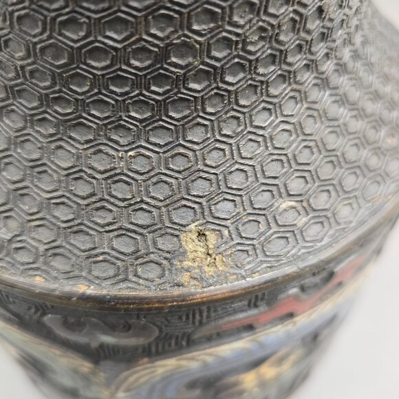 Antique Japanese Bronze Champleve Vase 11" Archaic Dragon Handle Meiji Style - Picture 13 of 16